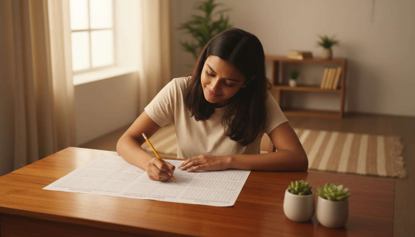 Photo Idea : A student filling an OMR sheet carefully with a pencil at a mock exam desk