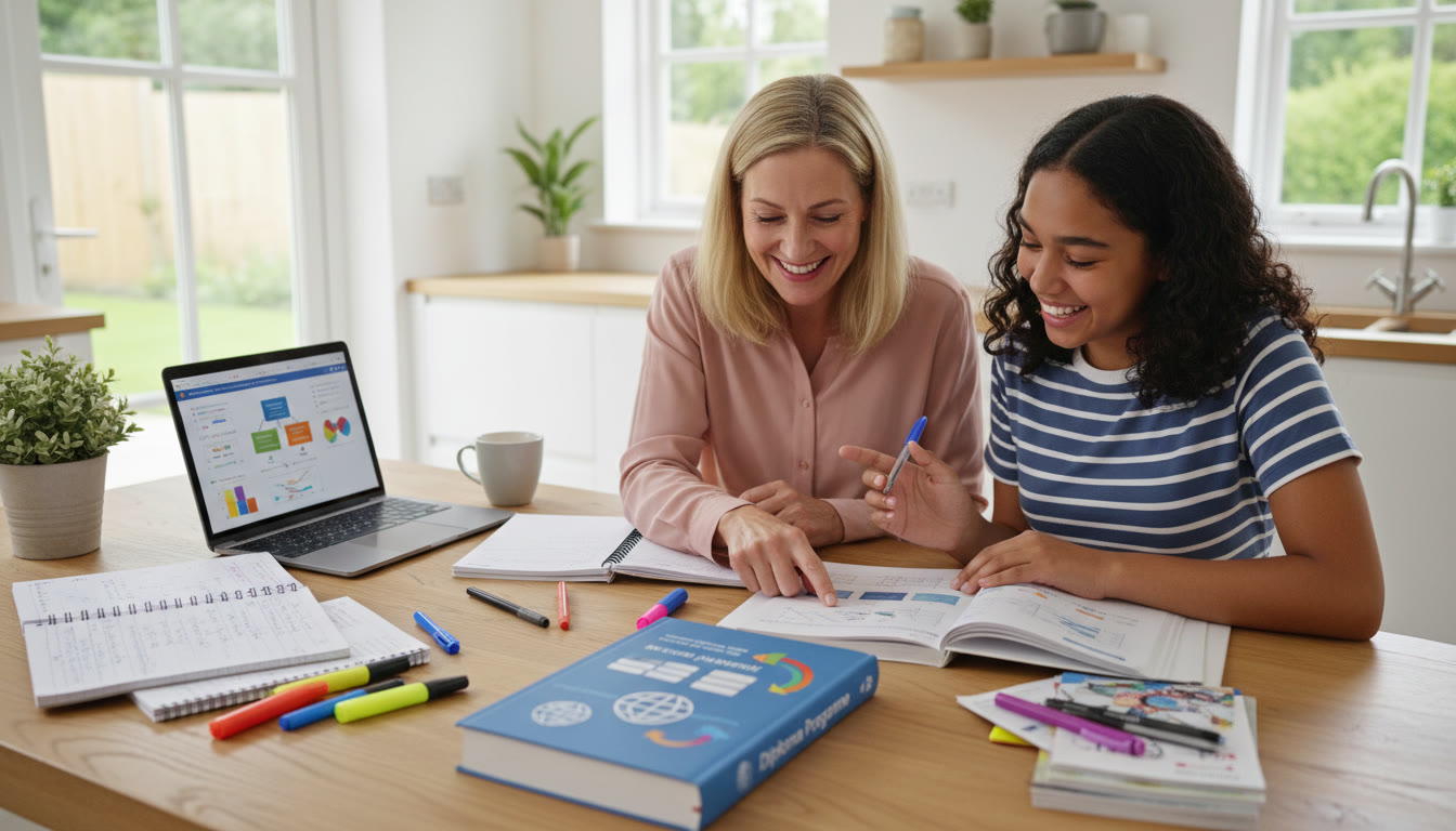 Photo Idea : Parent and teen reviewing course options at a kitchen table with notebooks and an IB guide