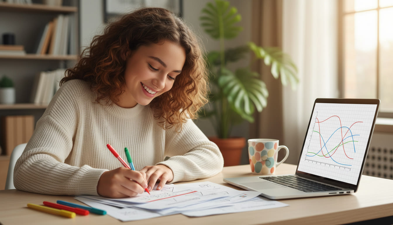 Photo Idea : a student annotating a past paper with colored pens while a laptop displays a graph
