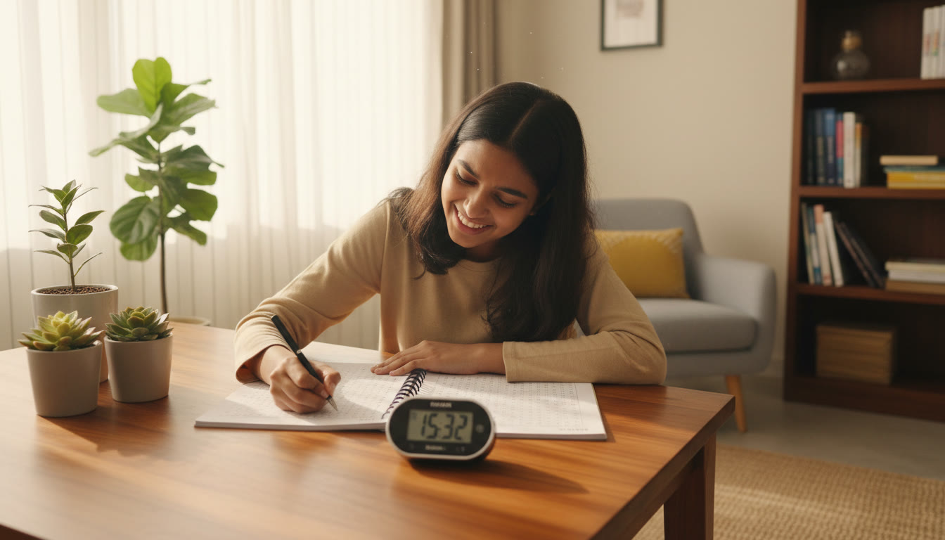 Photo Idea : A focused student taking a timed mock test with an OMR sheet and stopwatch on the desk