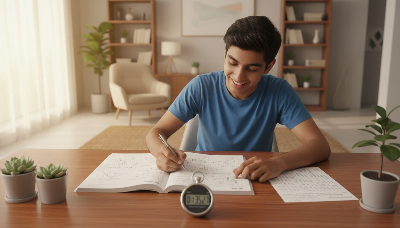 Photo Idea : A student working through a mock test with a stopwatch and a marked answer sheet