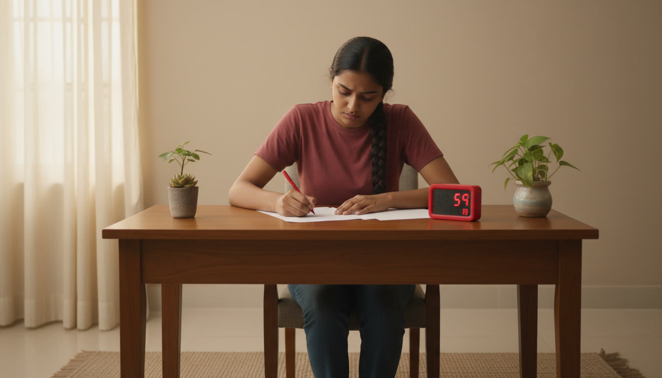 Photo Idea : A focused student at a desk marking a practice paper with a timer beside them