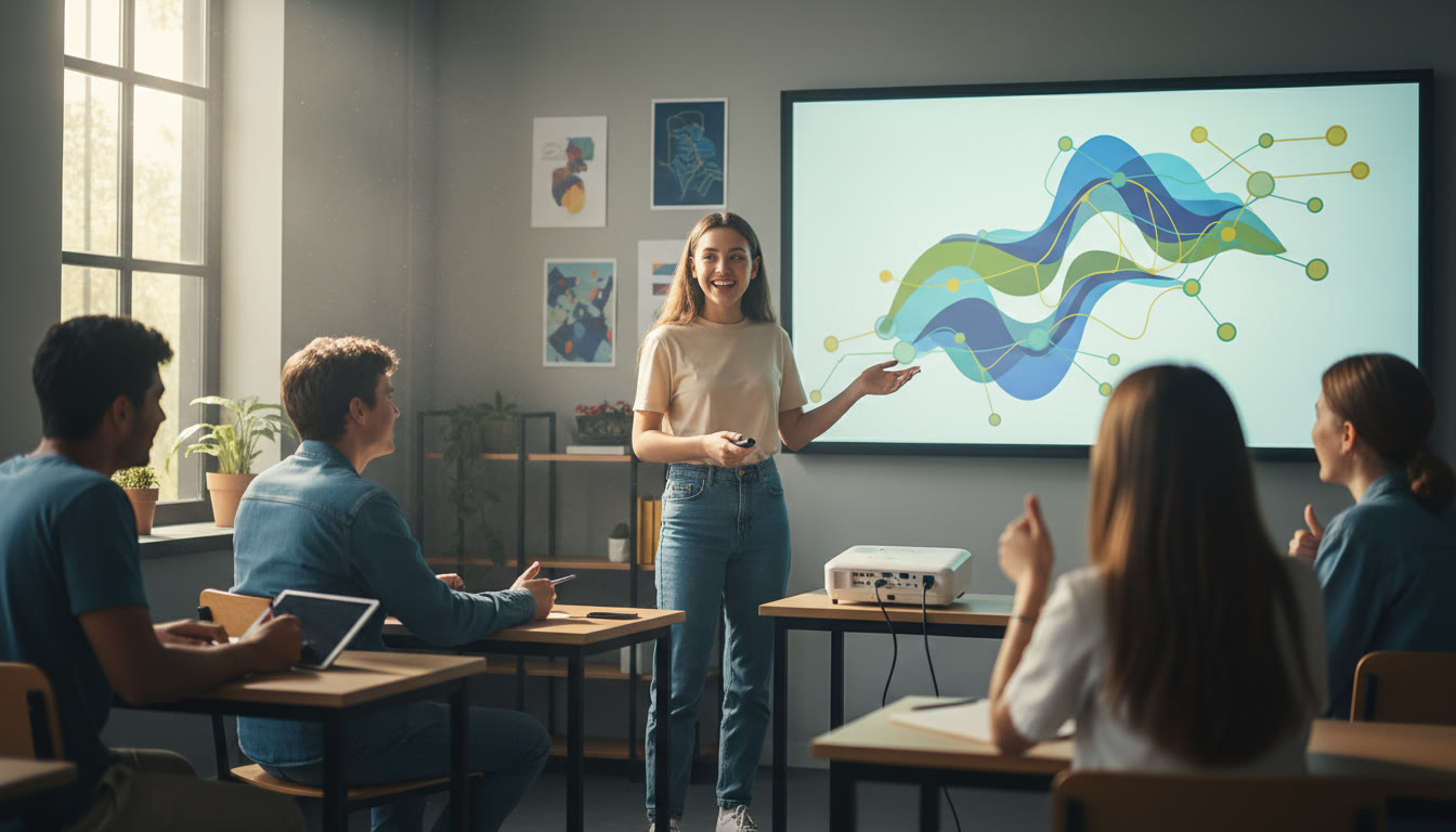Photo Idea : A student presenting a data visualization chart on a classroom projector to classmates
