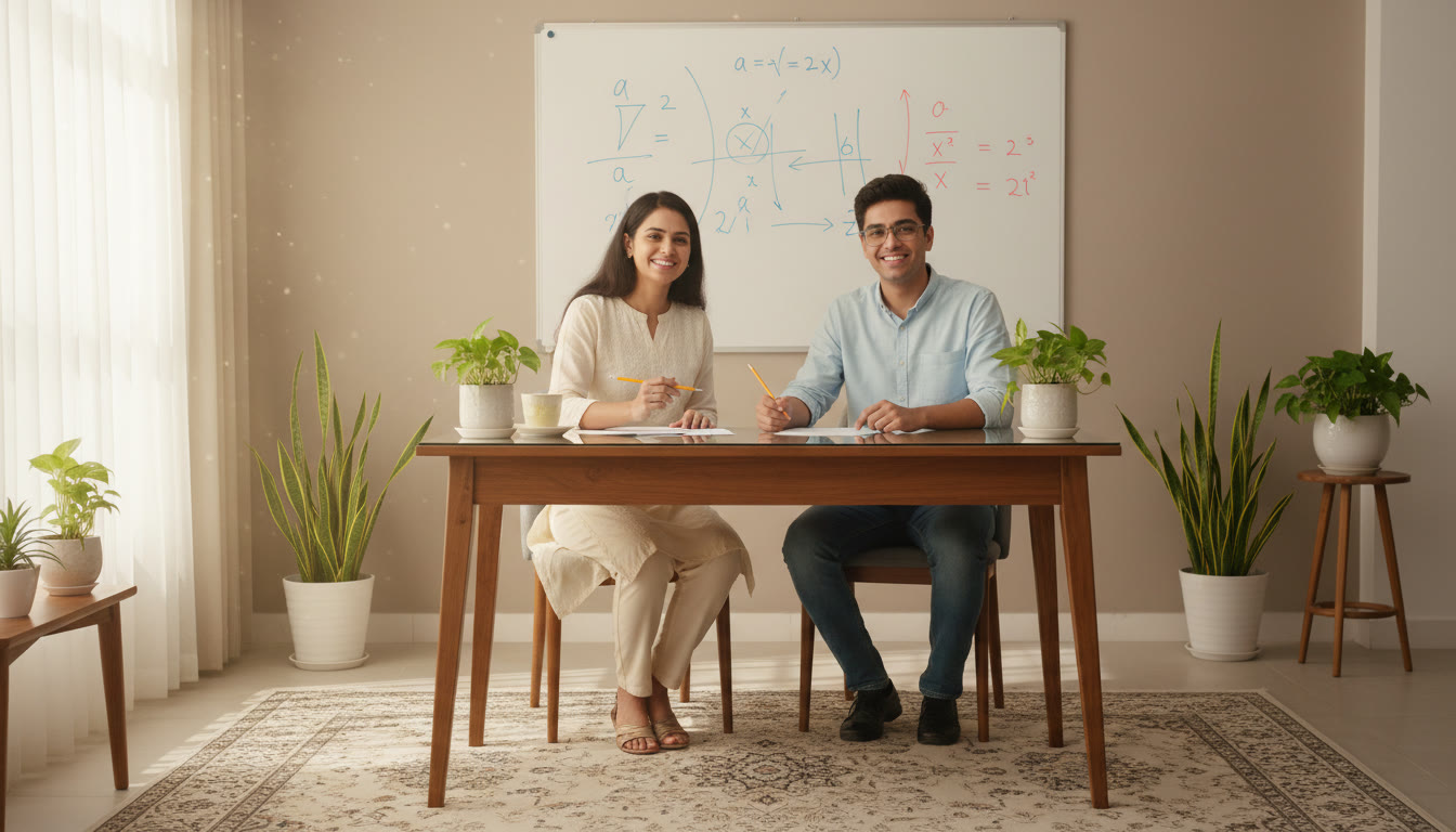 Photo Idea : A tutor and student discussing a marked mock test together, with a whiteboard sketching solution steps