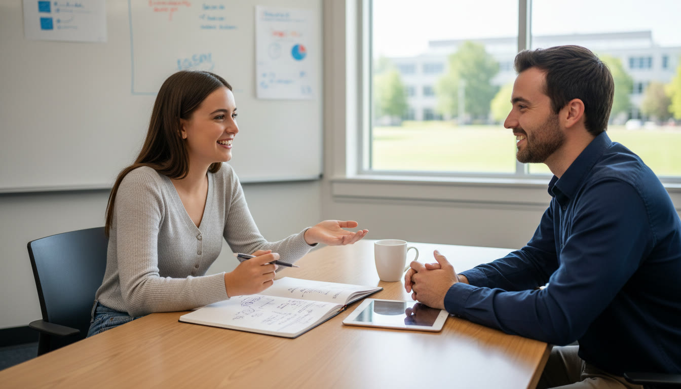 Photo Idea : Student in a mock interview setting, smiling while responding to questions with notes on a table