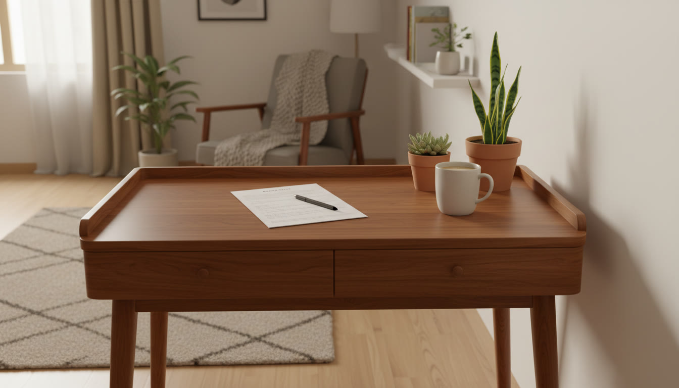 Photo Idea : Neatly organized study desk with a mock test paper, pencil, and a cup of coffee