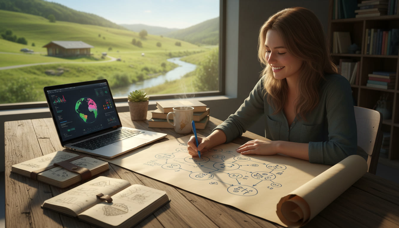Photo Idea : A student at a desk annotating a systems diagram while looking at a laptop and field notebooks
