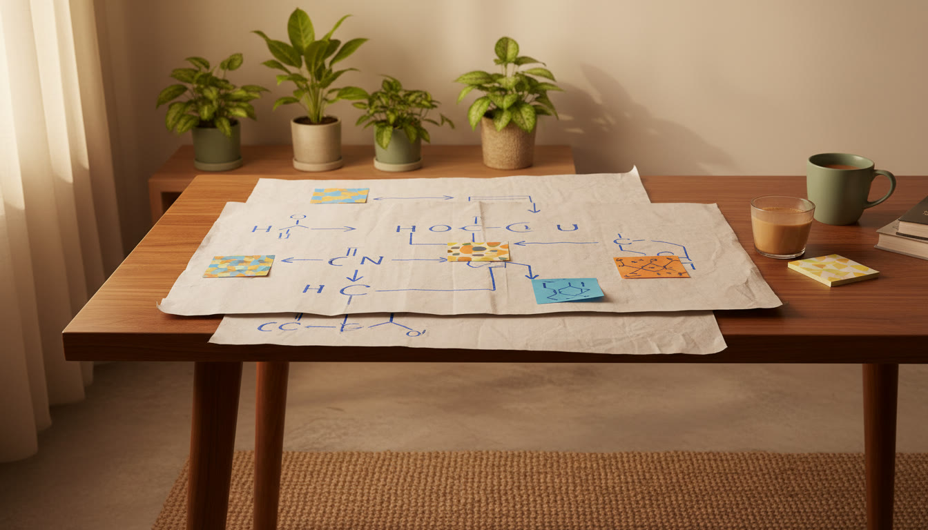 Photo Idea : A close-up of a reaction-flow chart on a student’s desk with sticky note revision cues