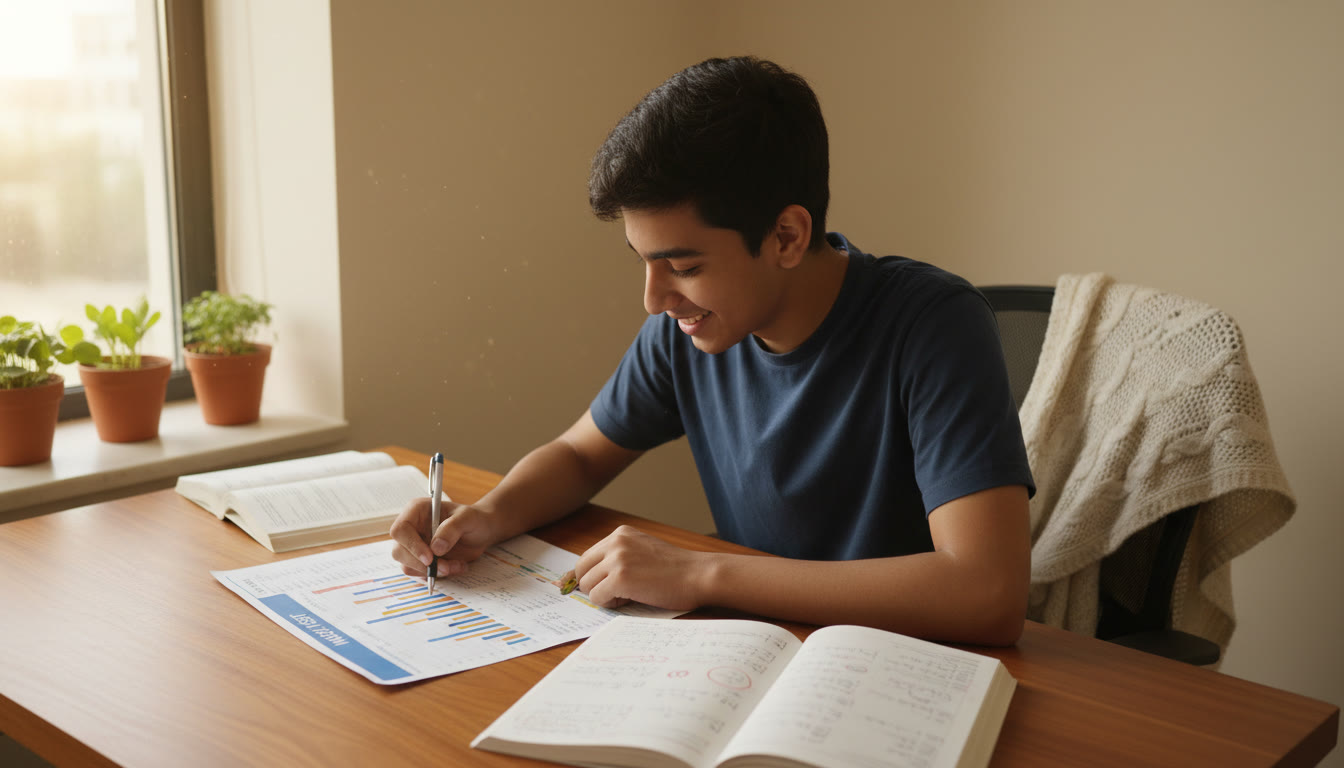 Photo Idea : Student analyzing mock test scorecard with a notebook of corrections