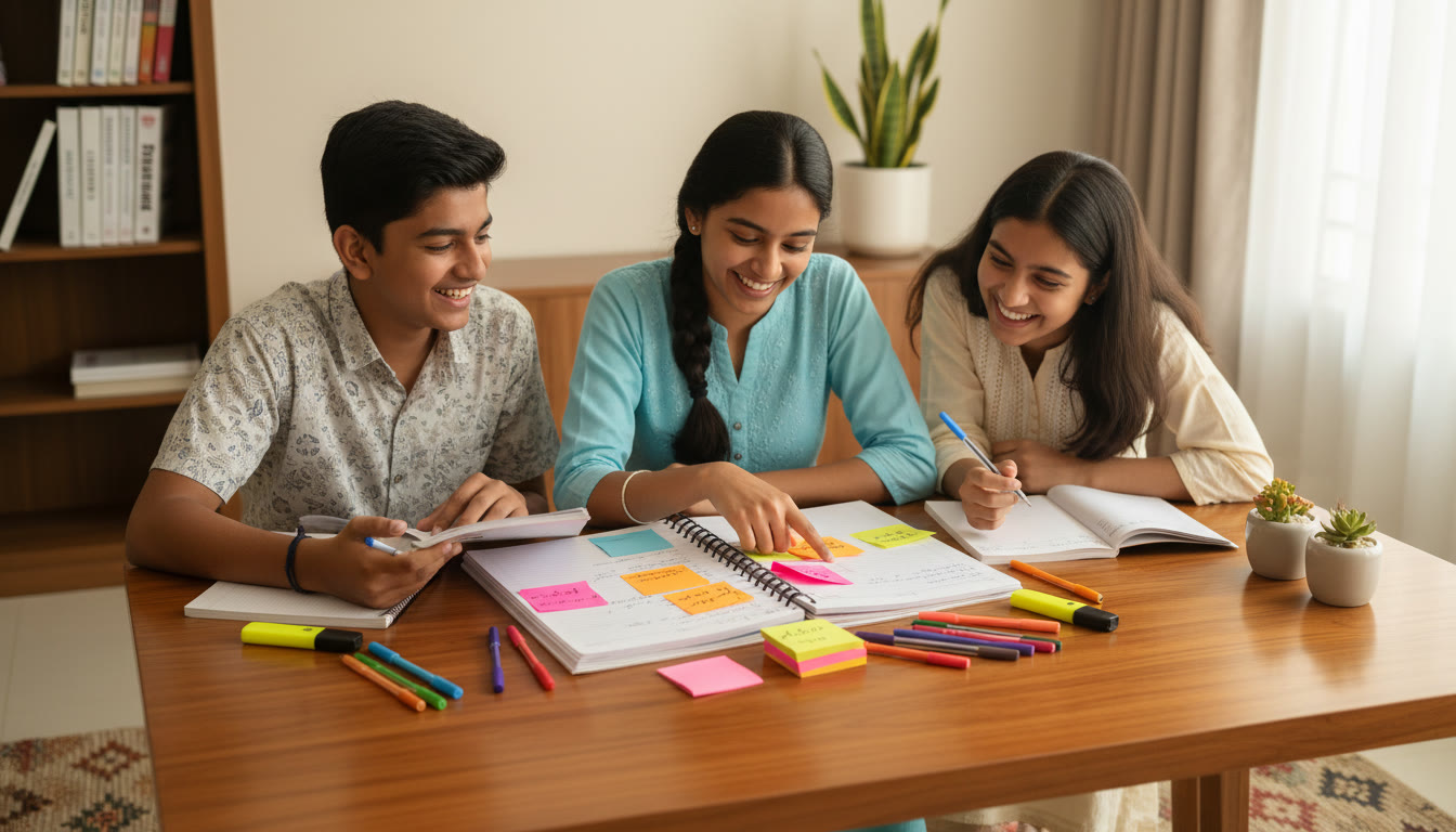 Photo Idea : small study group reviewing an error-log notebook with colorful sticky notes and pens