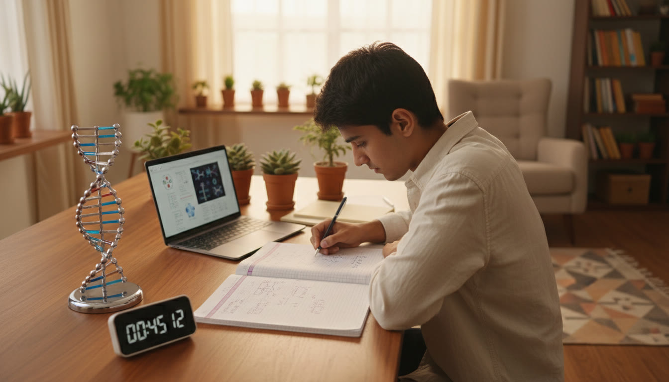 Photo Idea : a focused student at a desk with open notebooks, a small model of a DNA helix, and a timer showing remaining time