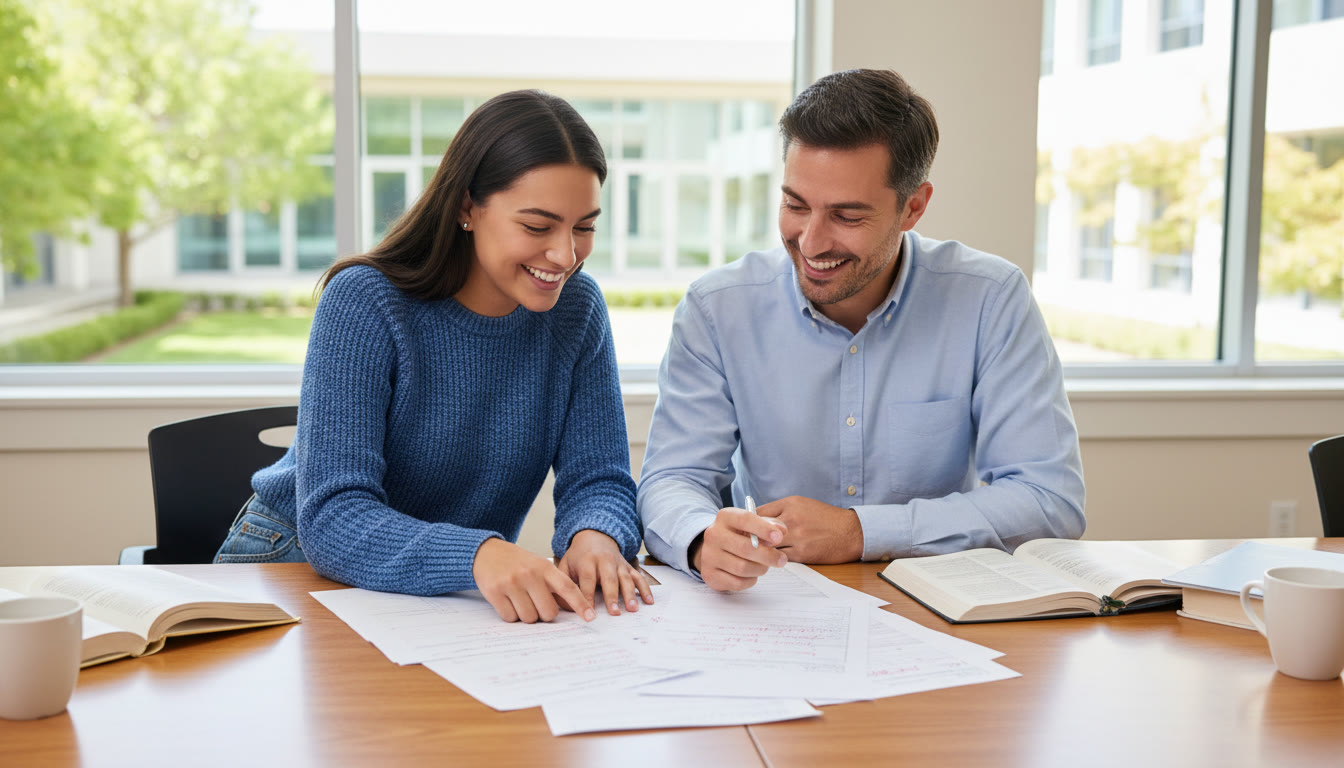 Photo Idea : A student and teacher sitting at a table reviewing marked exam scripts together