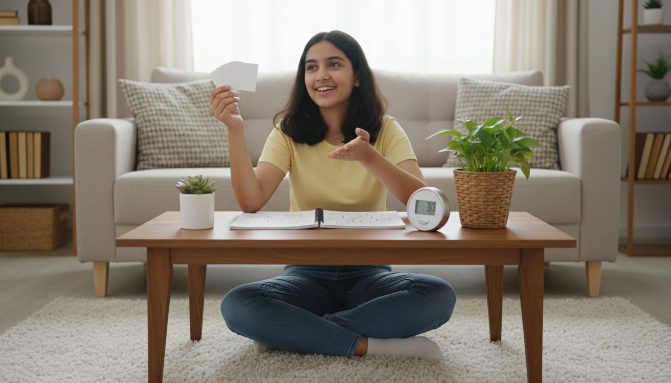 Photo Idea : A student revising with flashcards, a notebook open to a mind map, and a timer nearby