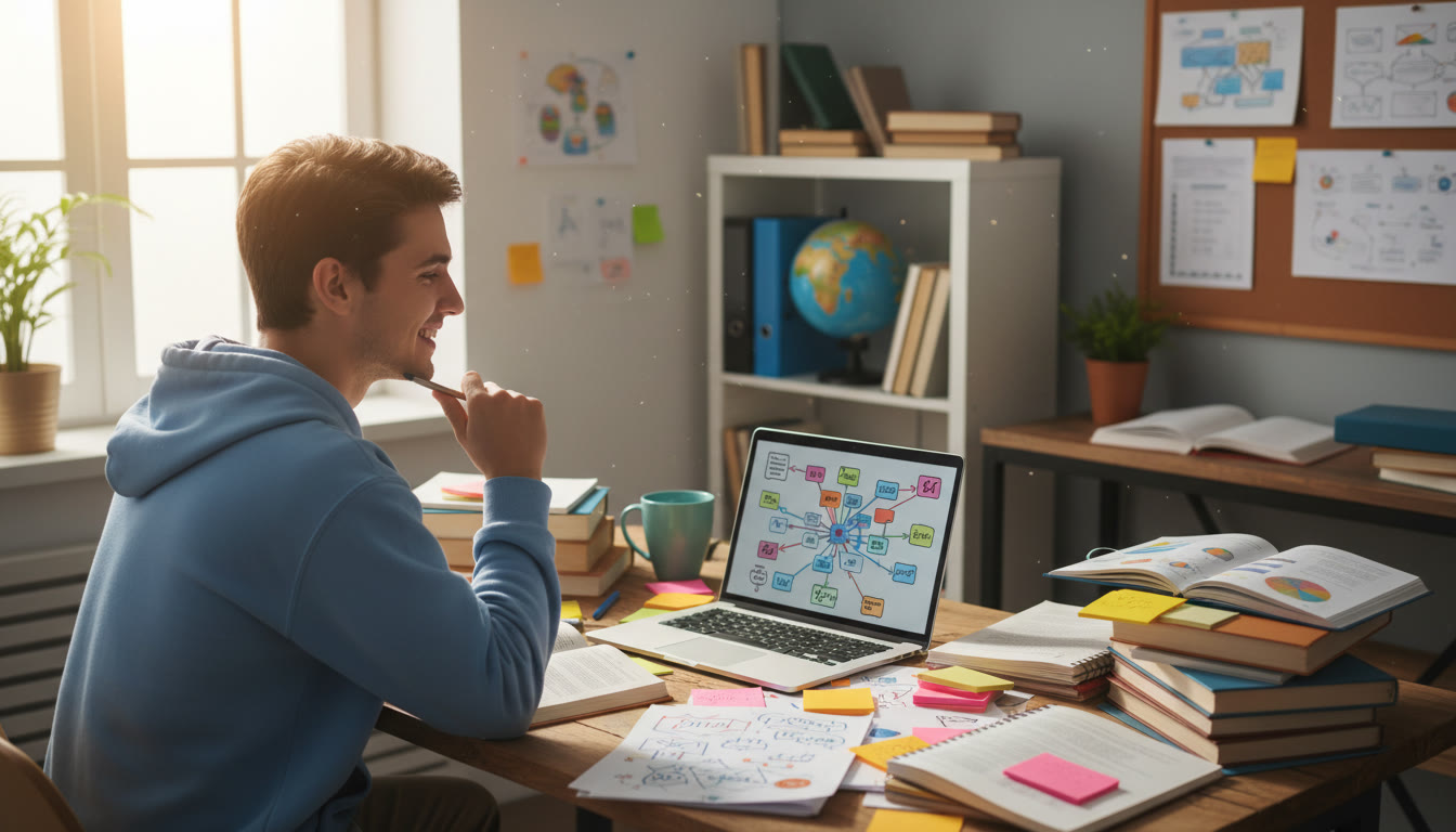 Photo Idea : A student at a cluttered desk, surrounded by open books and sticky notes, looking thoughtfully at a laptop screen