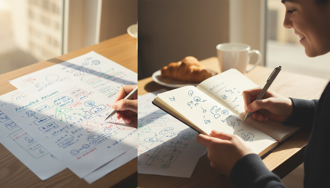 Photo Idea : Close-up of annotated answers and a student writing a reflection in a notebook