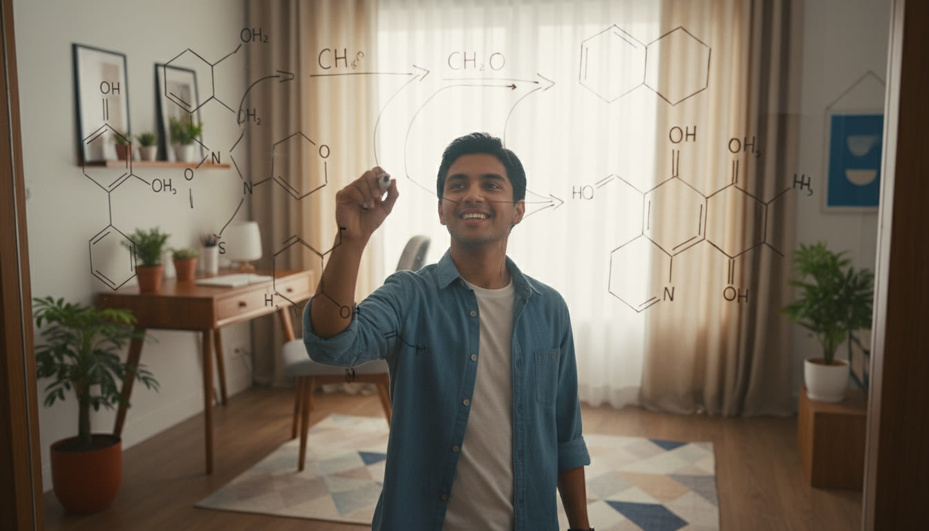Photo Idea : Close-up of a student drawing organic reaction arrows and labeled mechanisms on a whiteboard