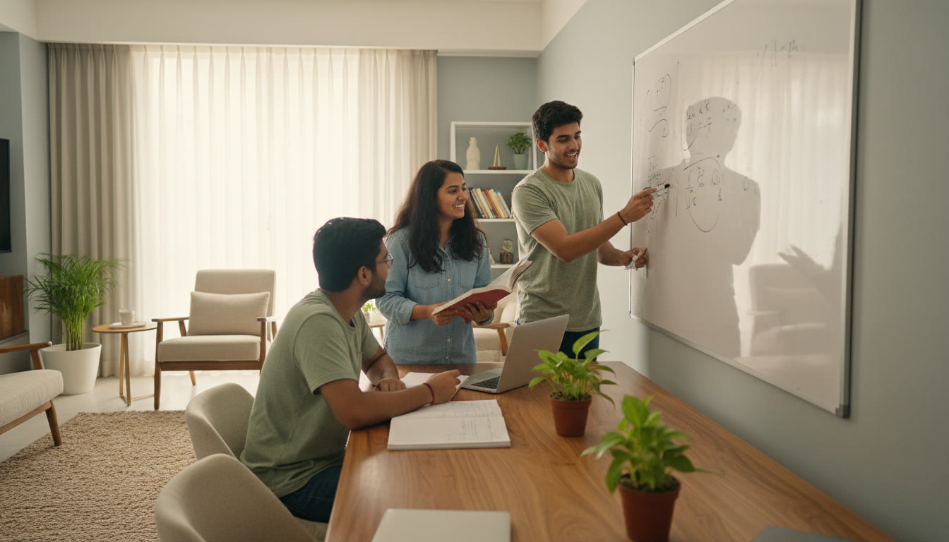 Photo Idea : A small group study session with students discussing solutions from past-year questions on a whiteboard