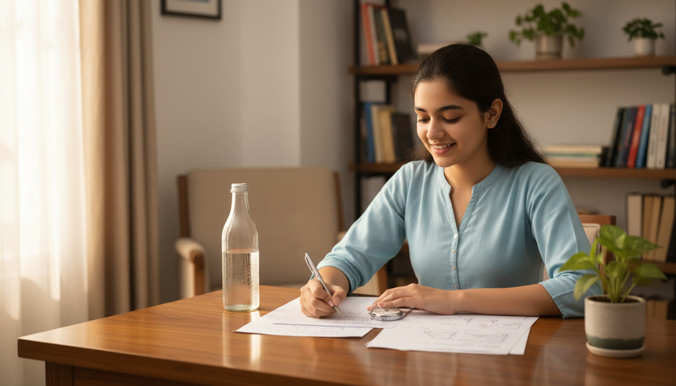 Photo Idea : A student in mid-mock exam posture with answer sheet, stopwatch, and water bottle nearby