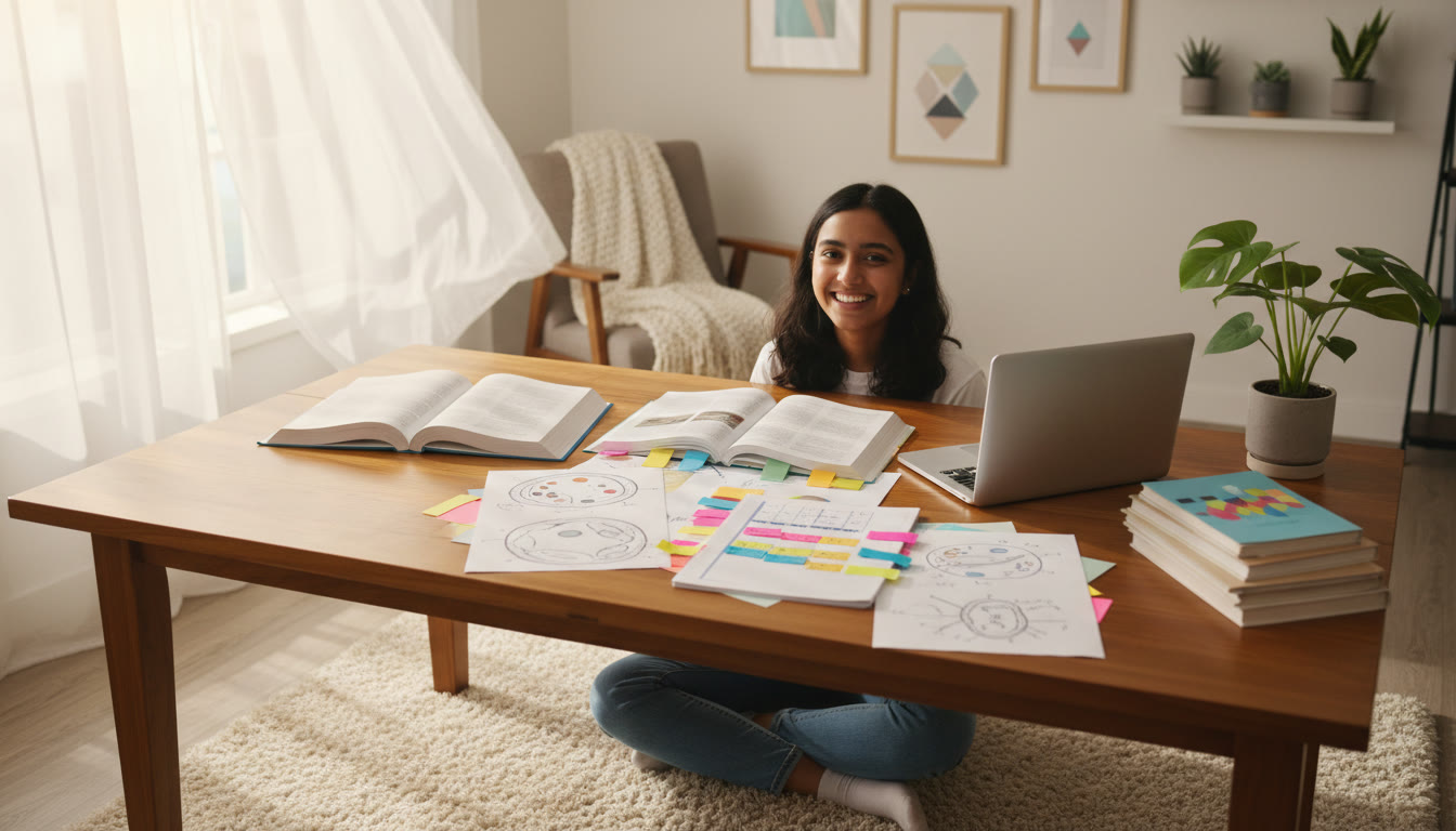 Photo Idea : A student at a bright desk with annotated biology notes, a planner, and color-coded sticky tabs