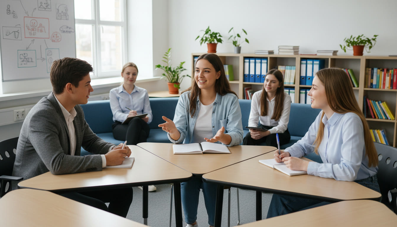 Photo Idea : Small group mock interview in a classroom with a student answering while others observe