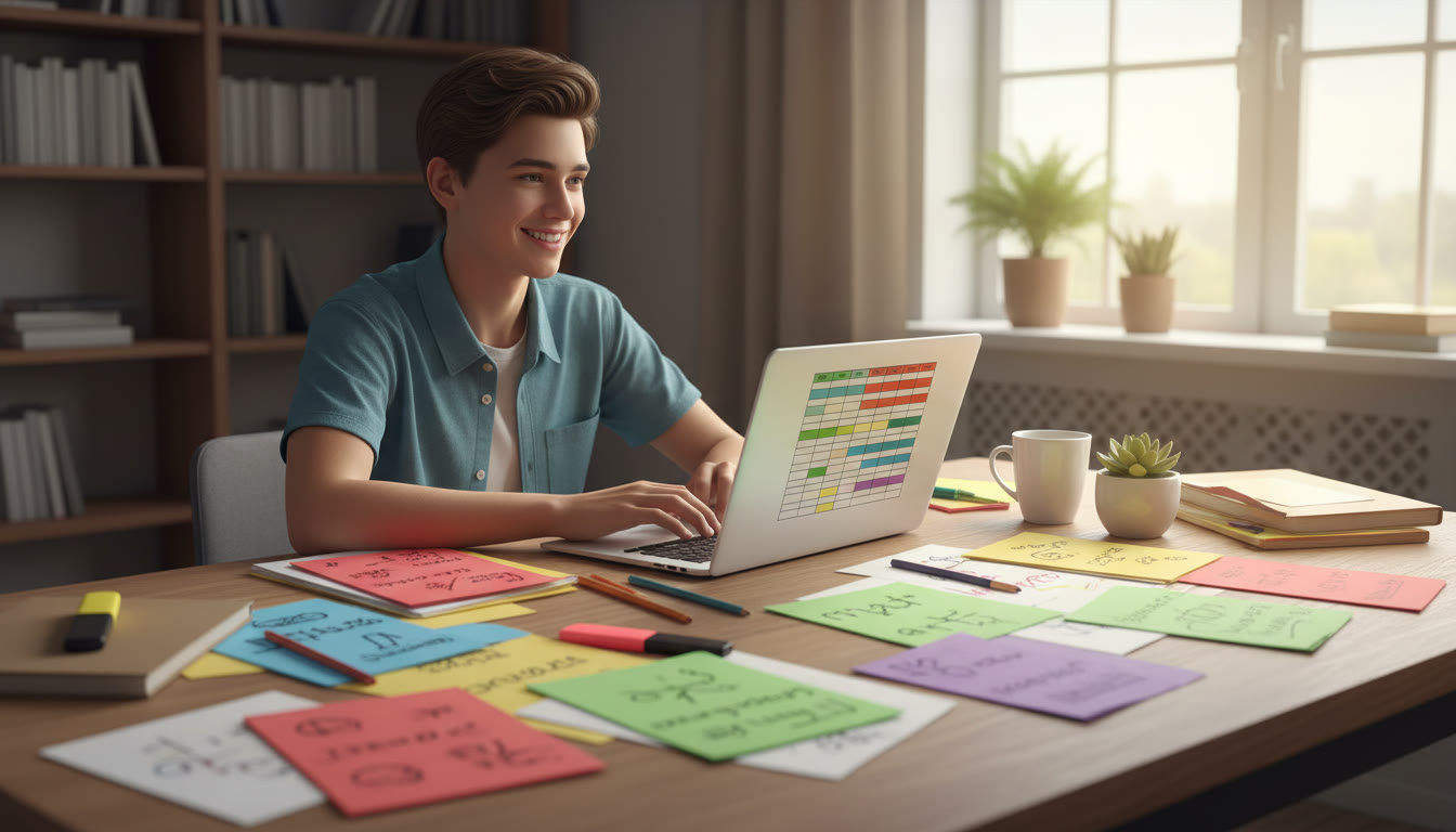 Photo Idea : Student at a desk surrounded by color-coded notes and a laptop showing an IB timetable