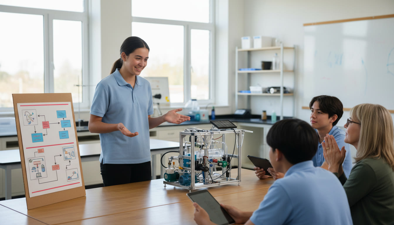 Photo Idea : a student presenting a prototype to a small audience with a poster and prototype on a table