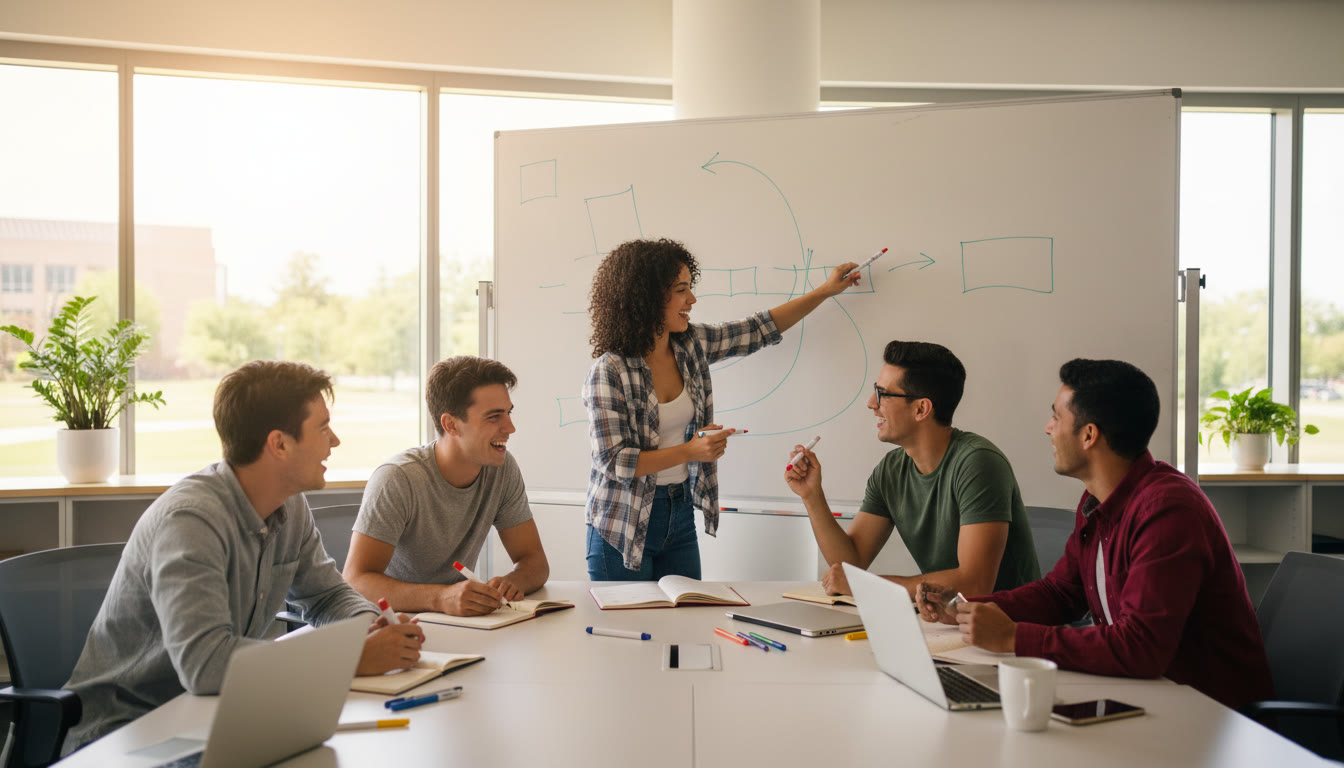 Photo Idea : A diverse group of students gathered around a table, sketching a project timeline on a whiteboard