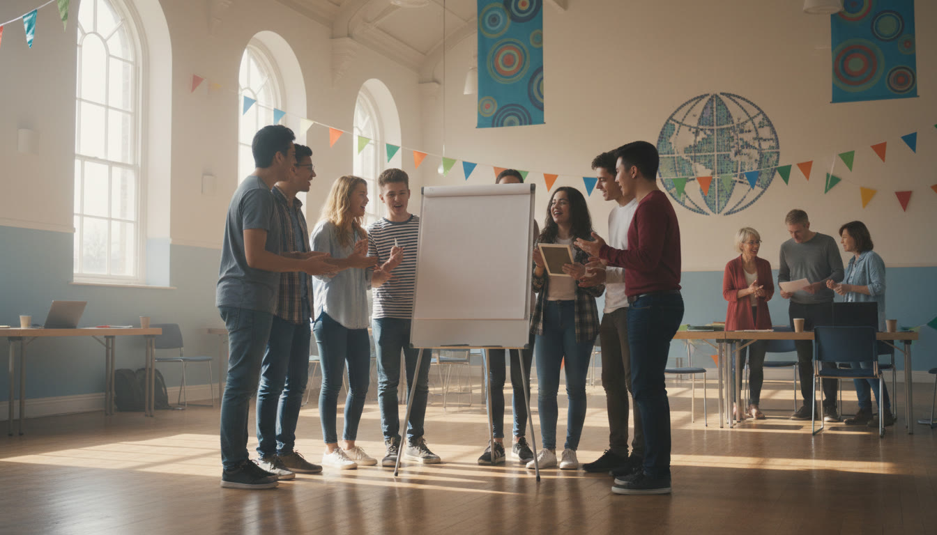 Photo Idea : Students gathering in a community hall around a flipchart, planning a neighbourhood initiative