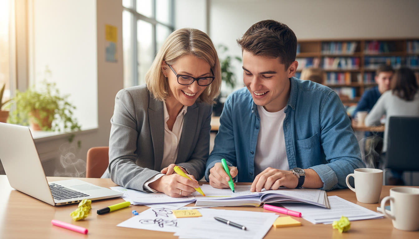 Photo Idea : A supervisor and a student reviewing a printed research plan together at a table, with annotations and highlighters visible