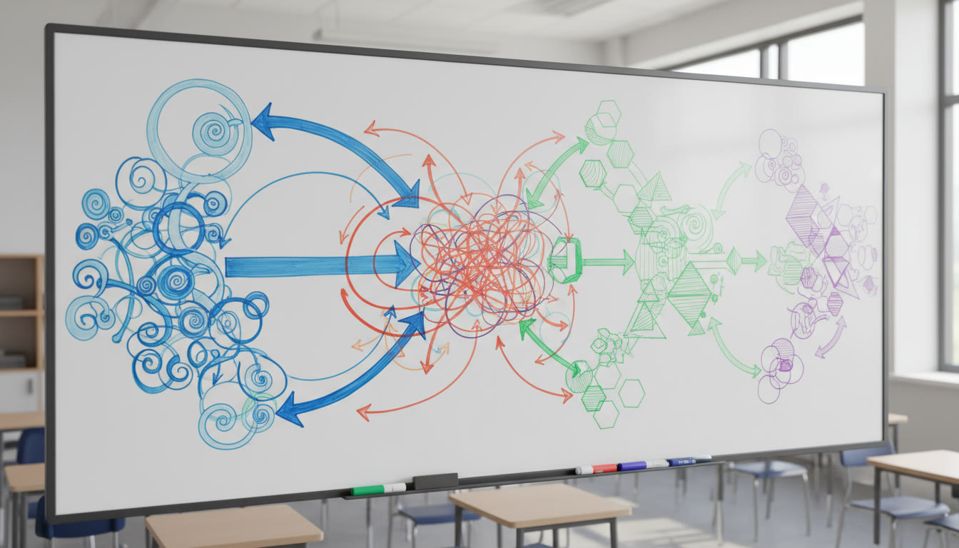 Photo Idea : A whiteboard with arrows connecting IB subjects to university majors