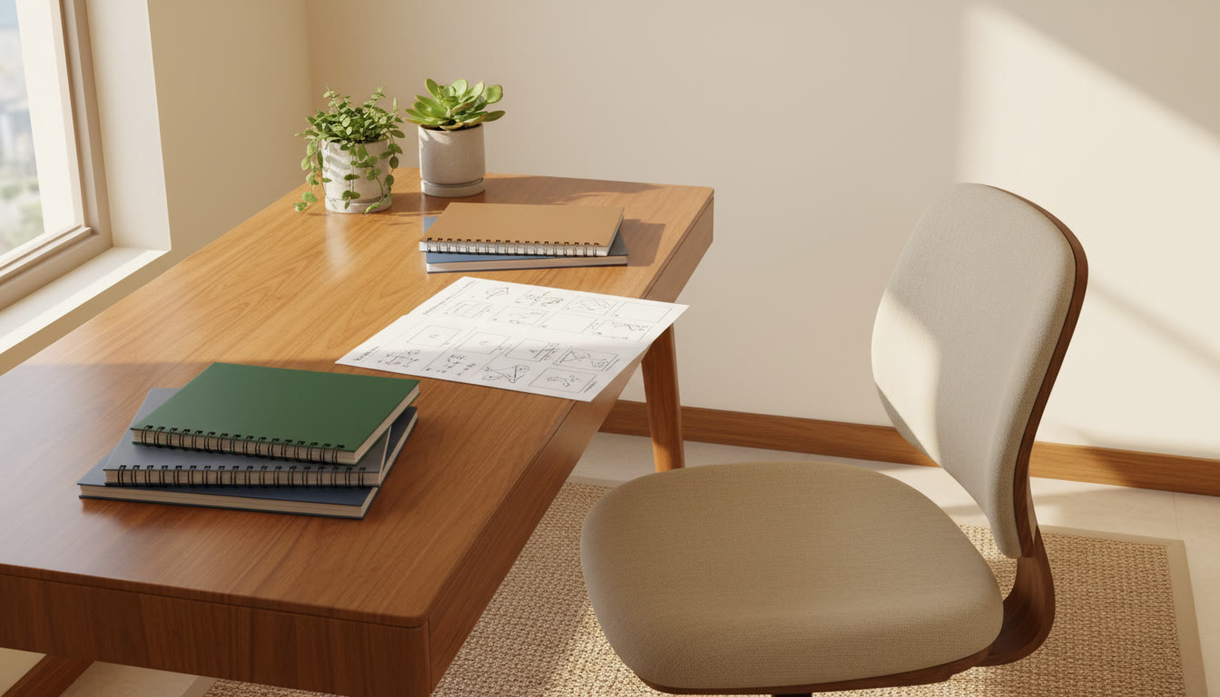 Photo Idea : Clean study spread showing subject notebooks labeled Physics Chemistry Biology and a printed mock test paper