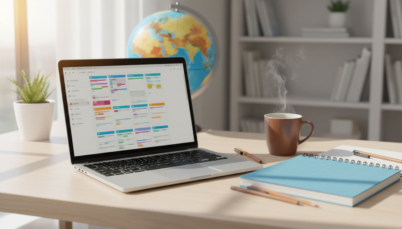 Photo Idea : Open laptop showing a digital planner beside a notebook and a cup of tea