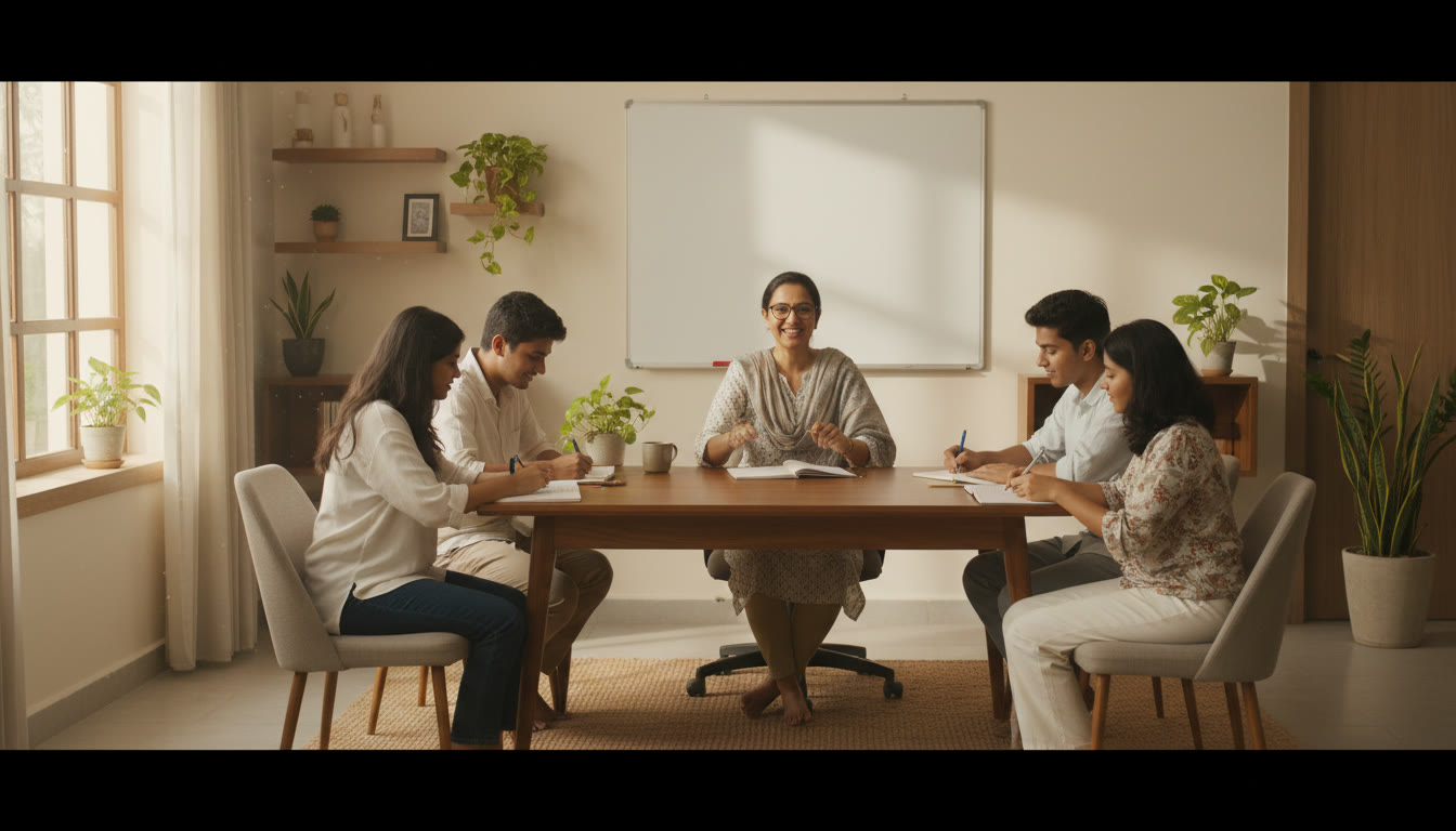 Photo Idea : A teacher conducting a small group debrief after a mock test with students taking notes