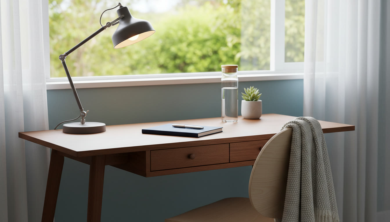 Photo Idea : Calm study space with a neat desk, a lamp, a closed notebook, and a water bottle