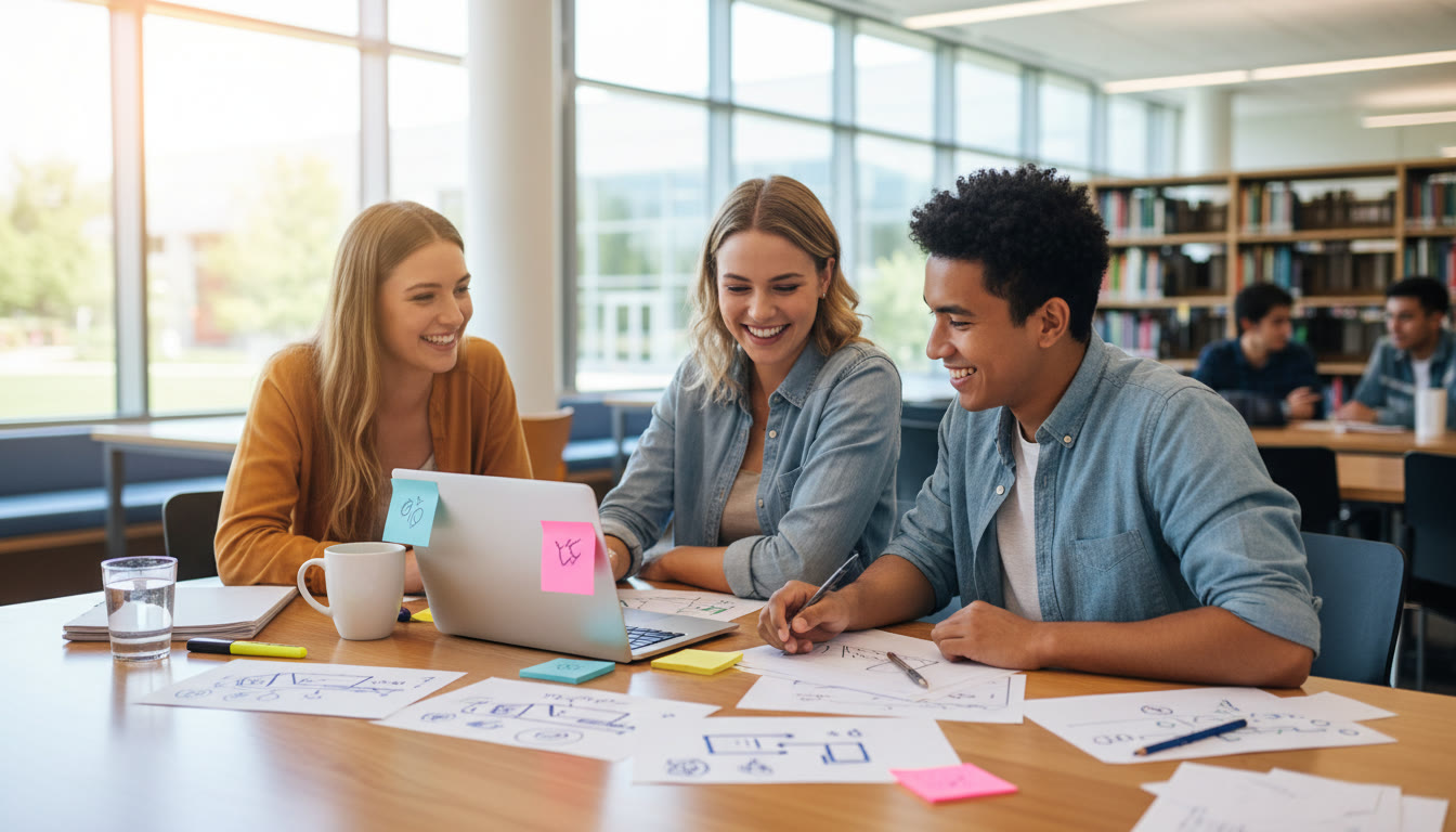 Photo Idea : Students collaborating around a laptop with printed drafts, sticky notes, and a coffee cup.