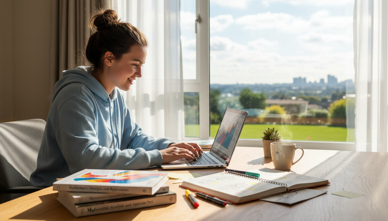 Photo Idea : A focused student at a desk with IB subject books, laptop, and a planner on a sunny morning