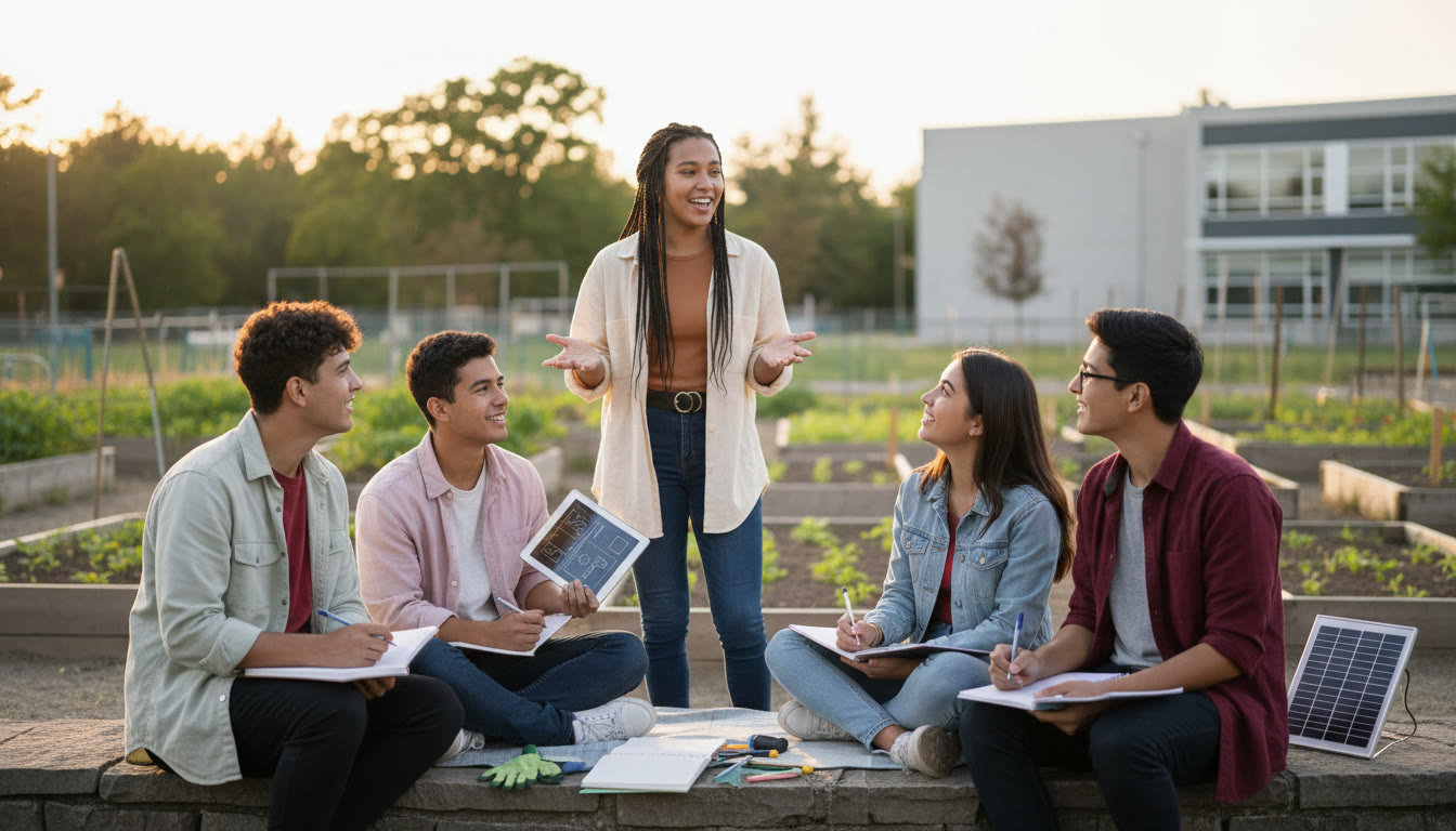 Photo Idea : A small group of diverse IB students working on a CAS project outdoors, one student speaking while others take notes