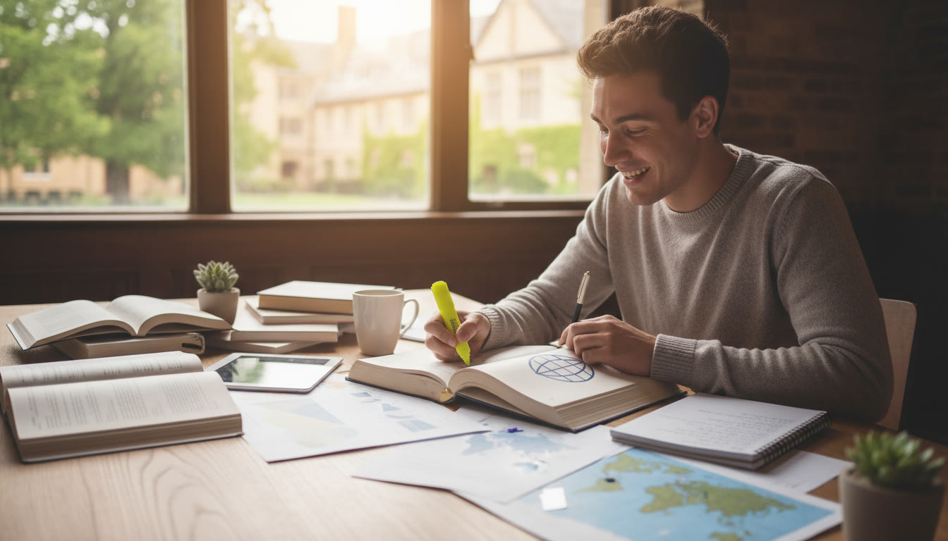 Photo Idea : a focused IB student writing notes and highlighting a textbook with research materials spread out