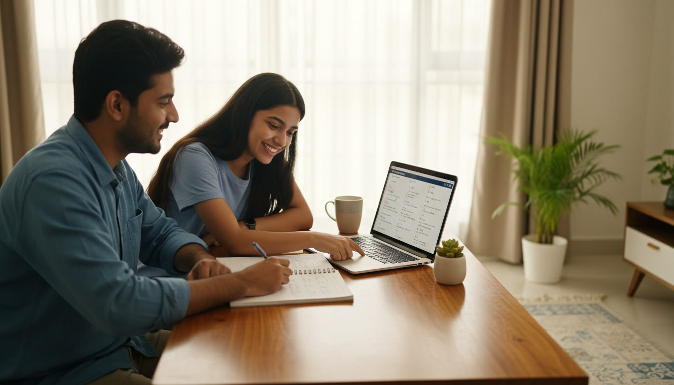 Photo Idea : A student working one-on-one with a tutor at a desk, pointing to notes while a laptop shows a practice paper