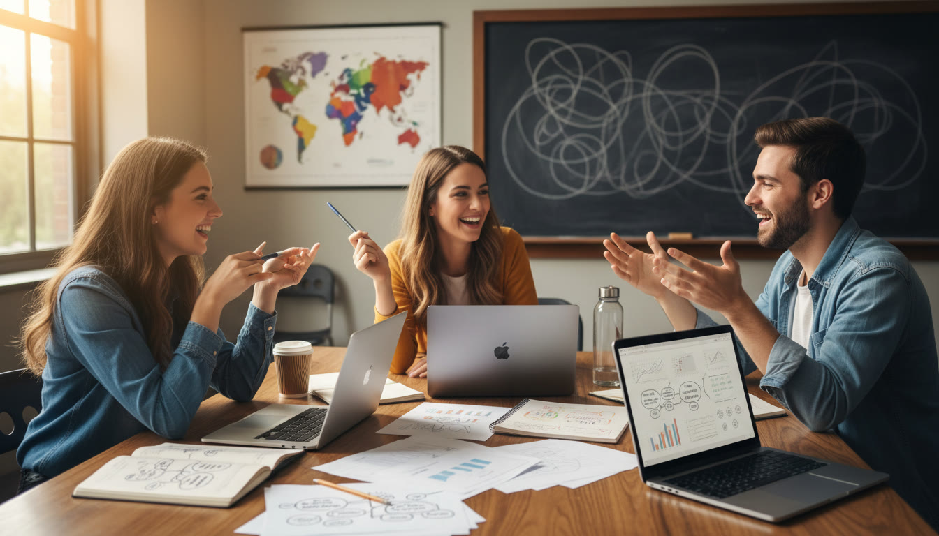 Photo Idea : Small study group around a table discussing a TOK knowledge question with notes and laptops