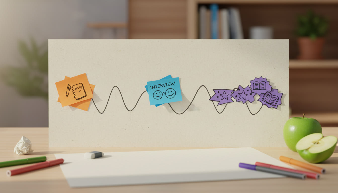 Photo Idea : Timeline graphic on paper with colored sticky notes marking essay, interview, and exam milestones