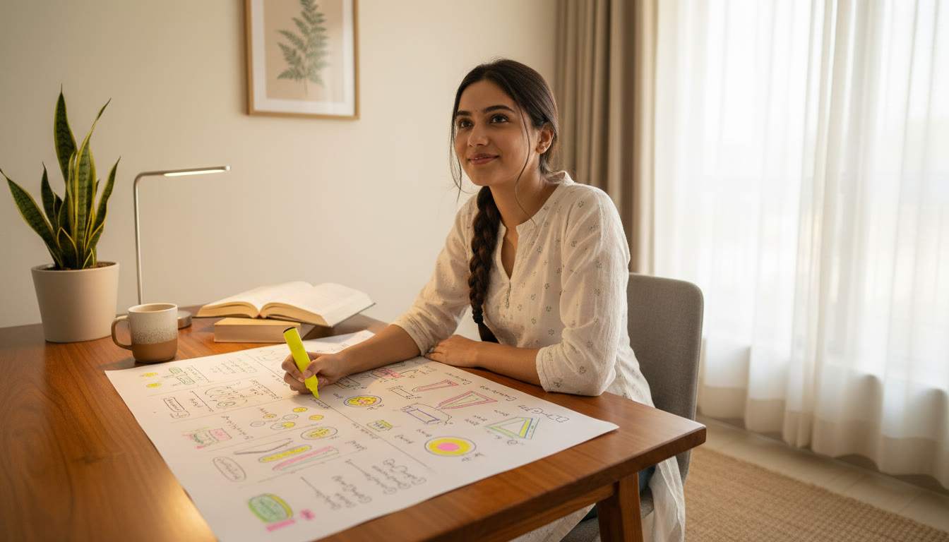 Photo Idea : A student revising a one-page summary sheet with hand-drawn diagrams and highlighted formulas