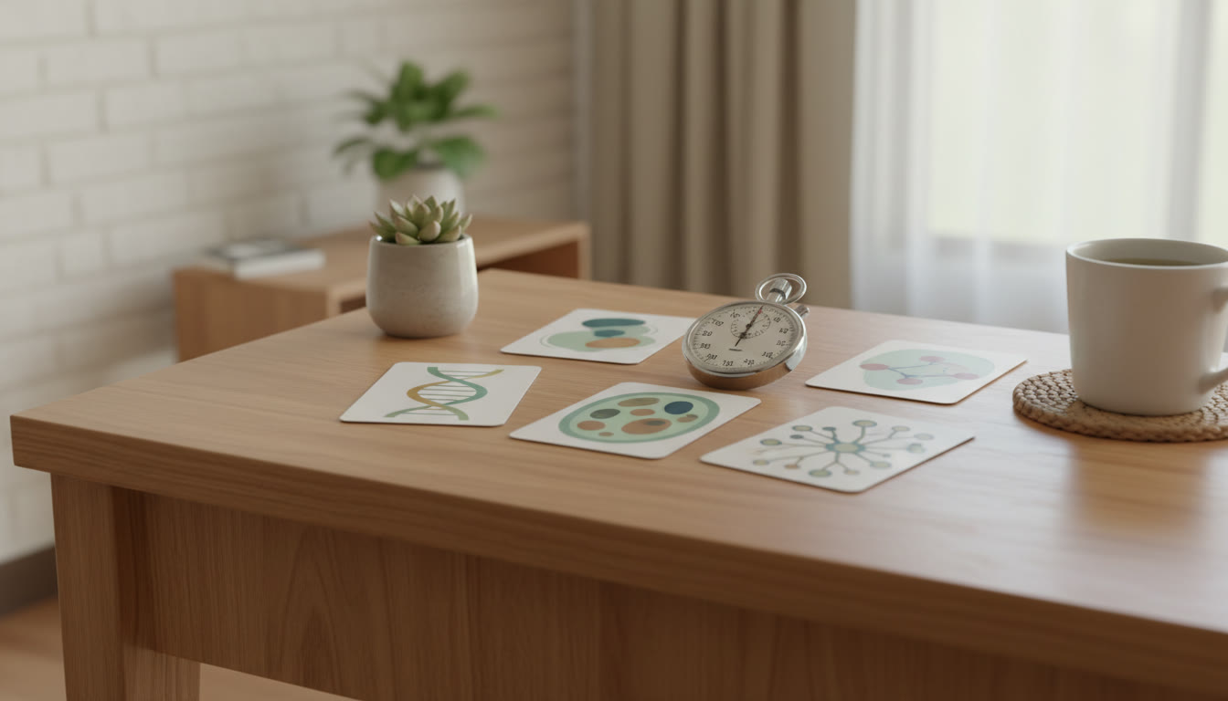 Photo Idea : close-up of a desk with labeled flashcards for Biology and a stopwatch