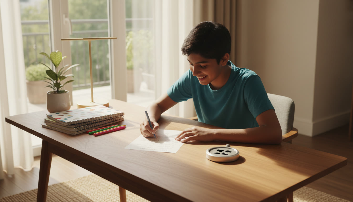 Photo Idea : A student seated at a tidy desk, solving a printed sample paper with a visible stopwatch and neat notes nearby