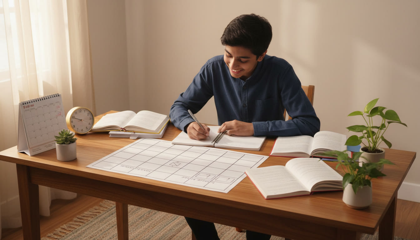 Photo Idea : Teen student at a tidy study desk with open notebooks, a calendar, and a clock, planning a weekly schedule