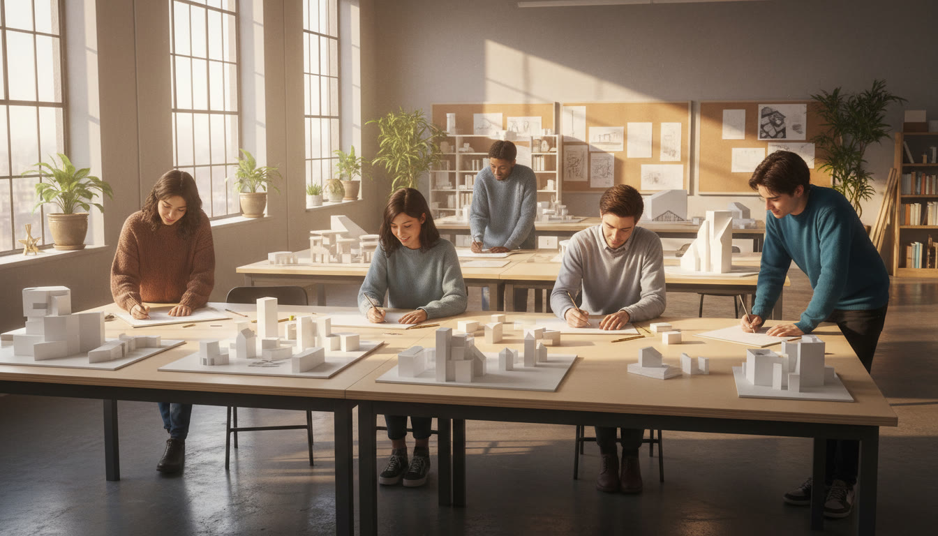 Photo Idea : A sunlit studio where students sketch architectural models on large tables