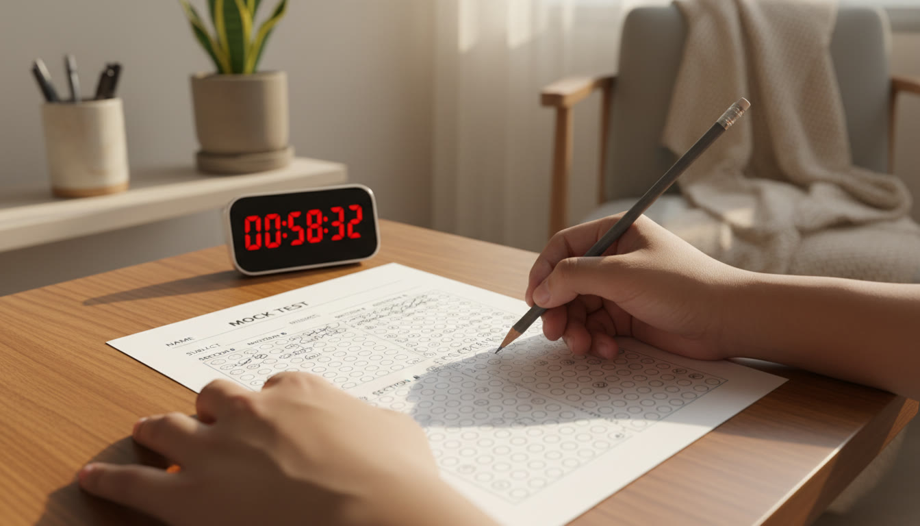 Photo Idea : A close-up of a mock OMR sheet being filled with a pencil and a focused timer nearby