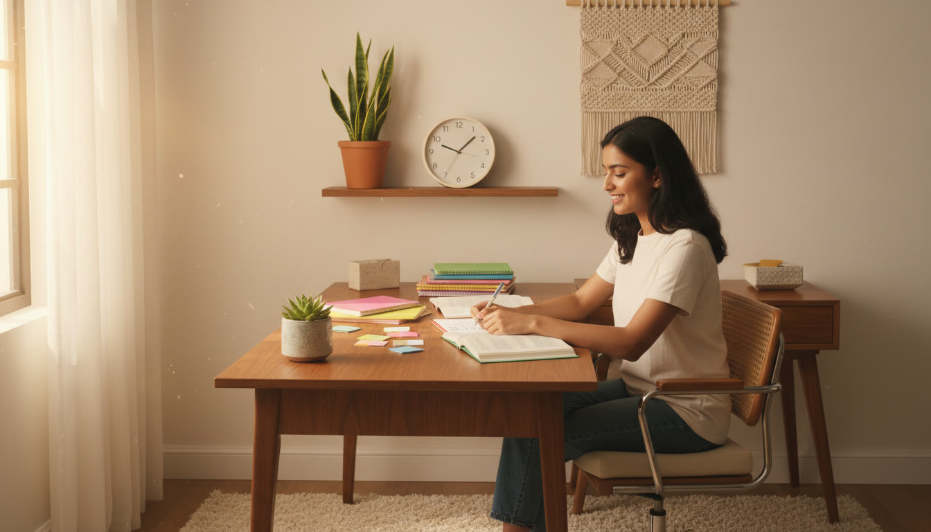 Photo Idea : A calm study corner with organized notes, a clock showing study time, and a student marking a checklist