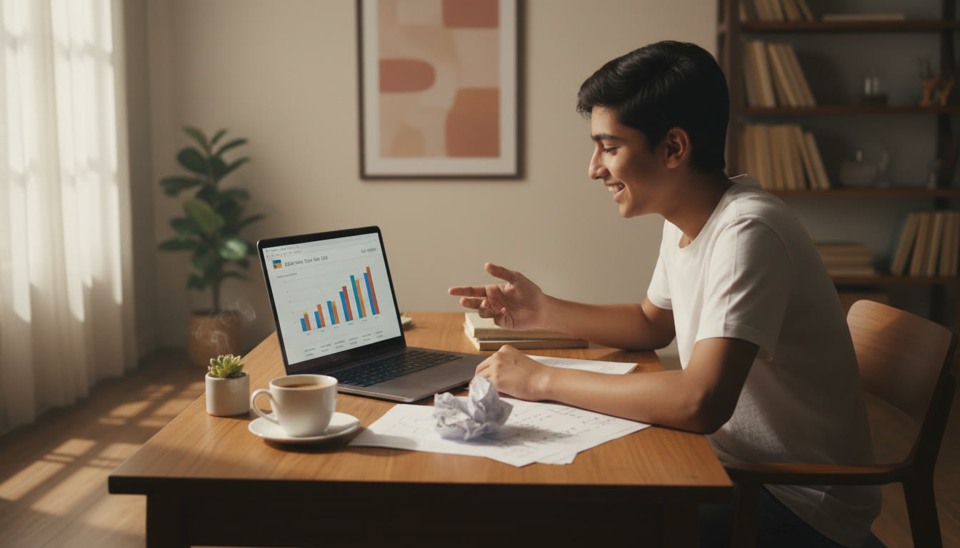 Photo Idea : a student analyzing results on a laptop with a printed error-log and a cup of tea
