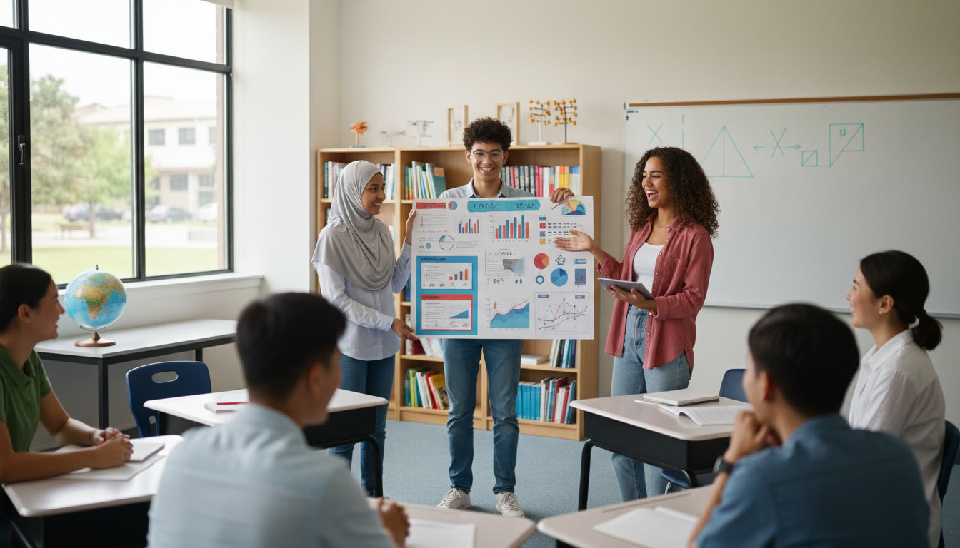Photo Idea : A small group of students presenting IA findings on a poster in a classroom